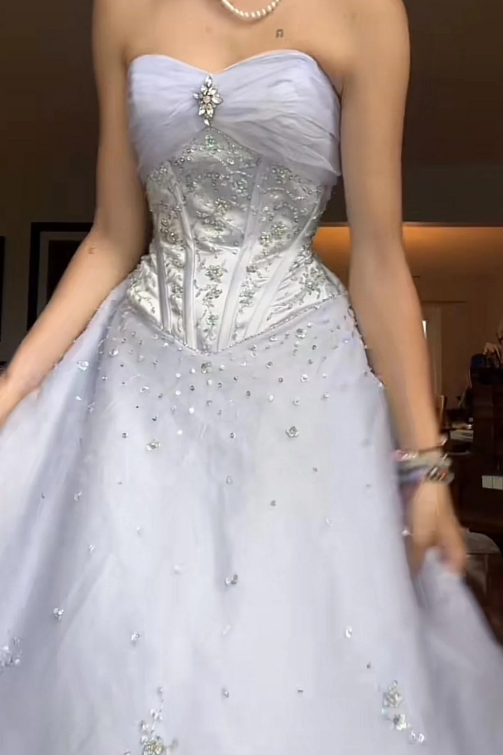 Vintage A-Line Strapless Empire-Waist Beads Princess Long Prom Dress