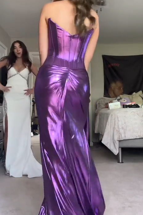 Purple Strapless Metallic Pleated Sleeveless Prom Dress with Slit