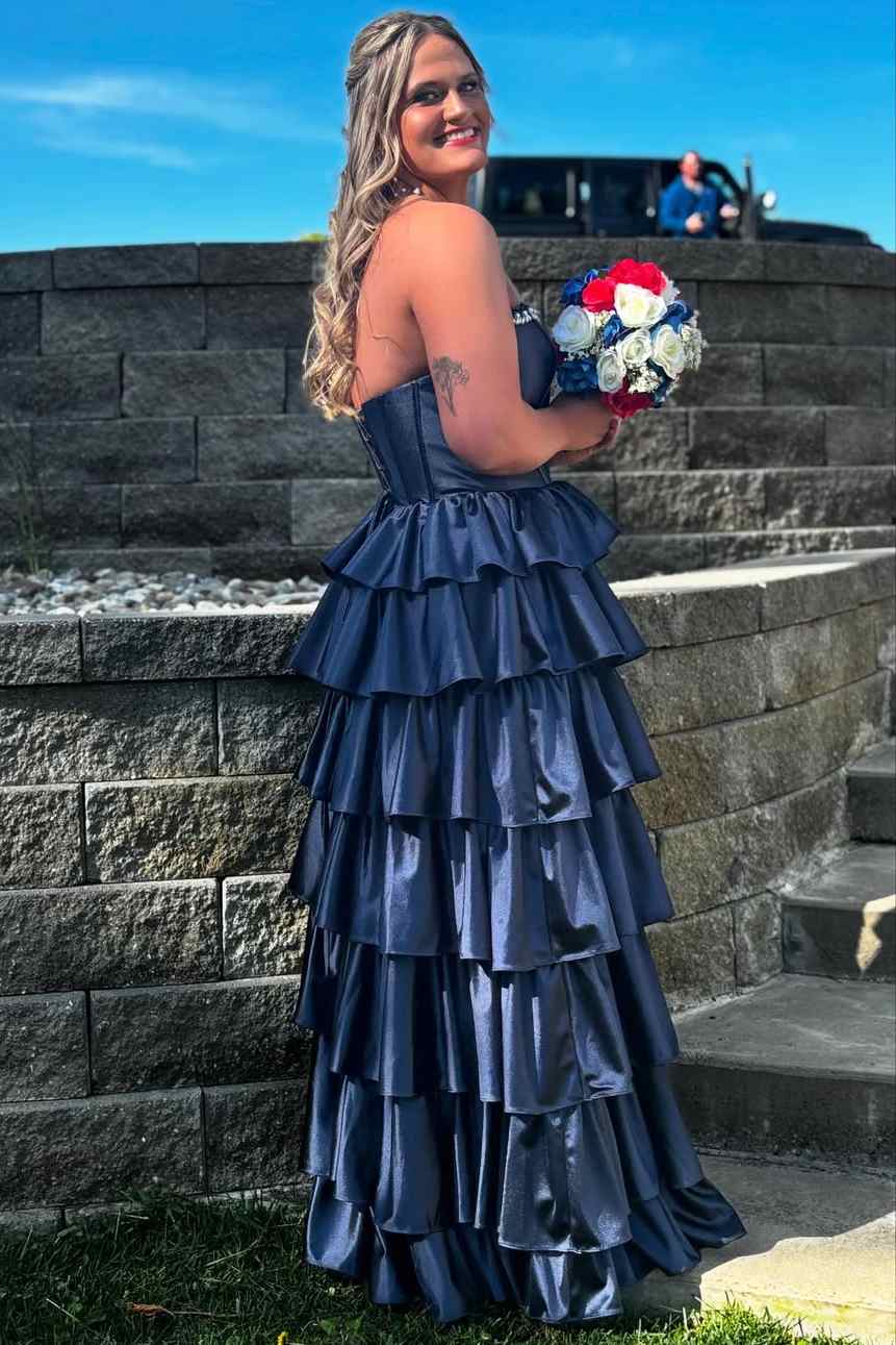 A-Line Strapless Empire-Waist Layered Satin Sleeveless Long Prom Dress