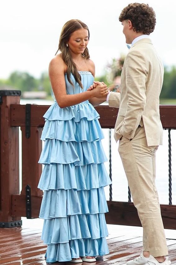 A-Line Strapless Empire-Waist Layered Satin Sleeveless Long Prom Dress