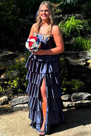 A-Line Strapless Empire-Waist Layered Satin Sleeveless Long Prom Dress