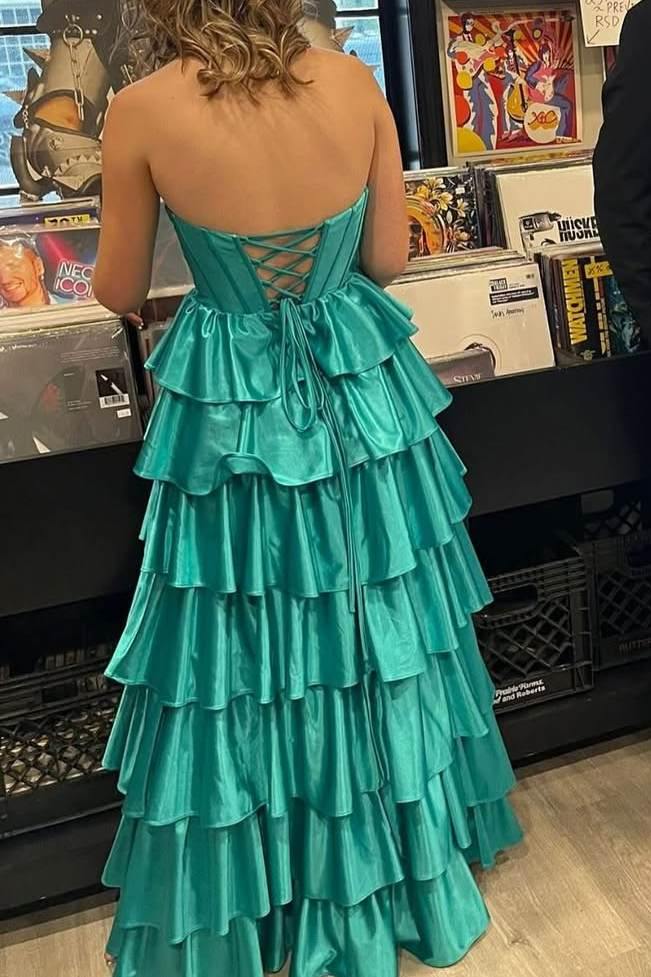 A-Line Strapless Empire-Waist Layered Satin Sleeveless Long Prom Dress
