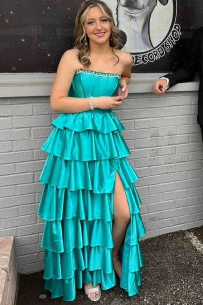 A-Line Strapless Empire-Waist Layered Satin Sleeveless Long Prom Dress