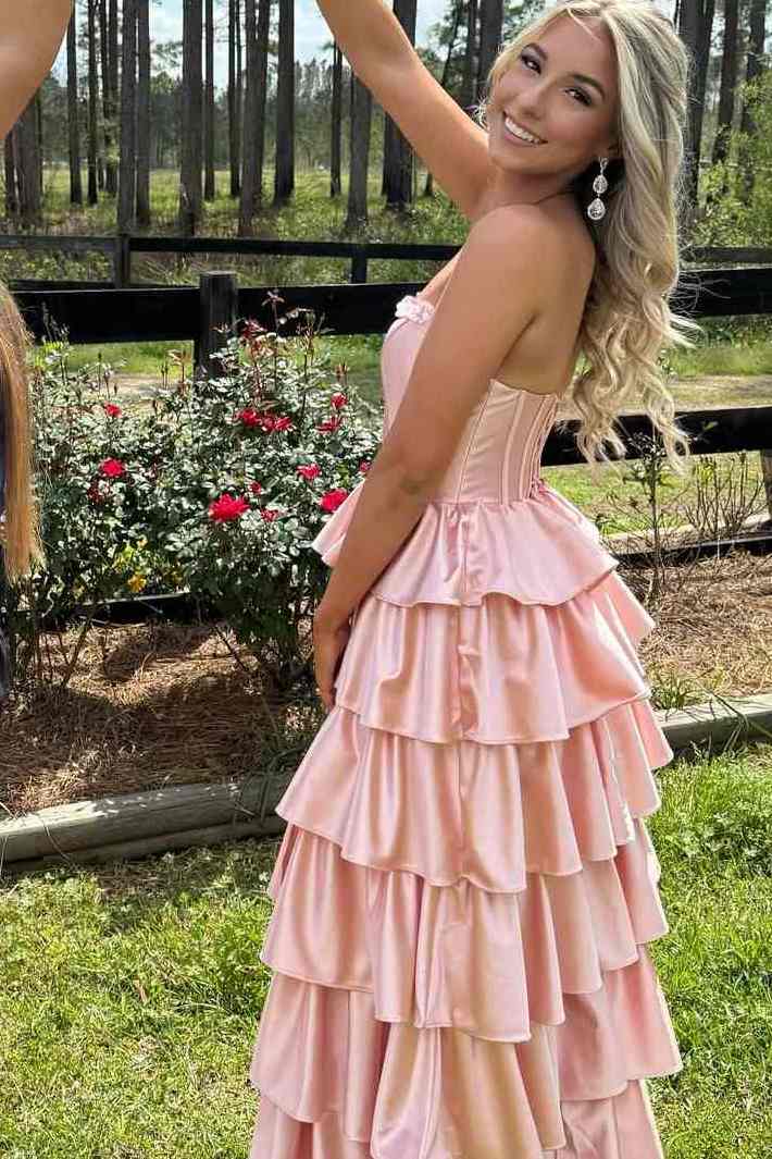 A-Line Strapless Empire-Waist Layered Satin Sleeveless Long Prom Dress