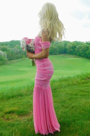 Pink Off-Shoulder Sweetheart Mermaid Pleats Long Prom Dress