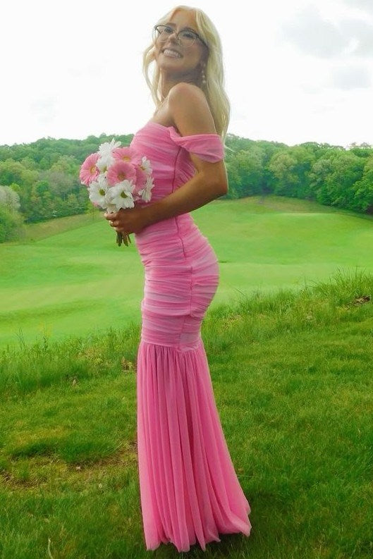 Pink Off-Shoulder Sweetheart Mermaid Pleats Long Prom Dress