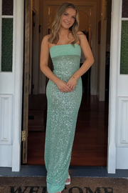 Chic Strapless Scoop Neck Sequined Sheath Long Prom Dress