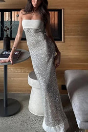 Chic Strapless Scoop Neck Sequined Sheath Long Prom Dress