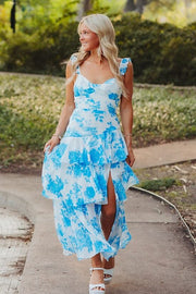 A-Line Straps Ruffles Sleeveless Print Long Prom Dress with Slit