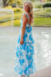 A-Line Straps Ruffles Sleeveless Print Long Prom Dress with Slit