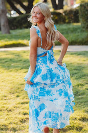 A-Line Straps Ruffles Sleeveless Print Long Prom Dress with Slit