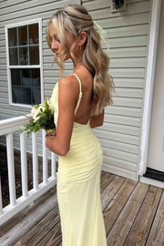 Yellow Spaghetti Straps Pleats Sleeveless Mermaid Long Prom Dress