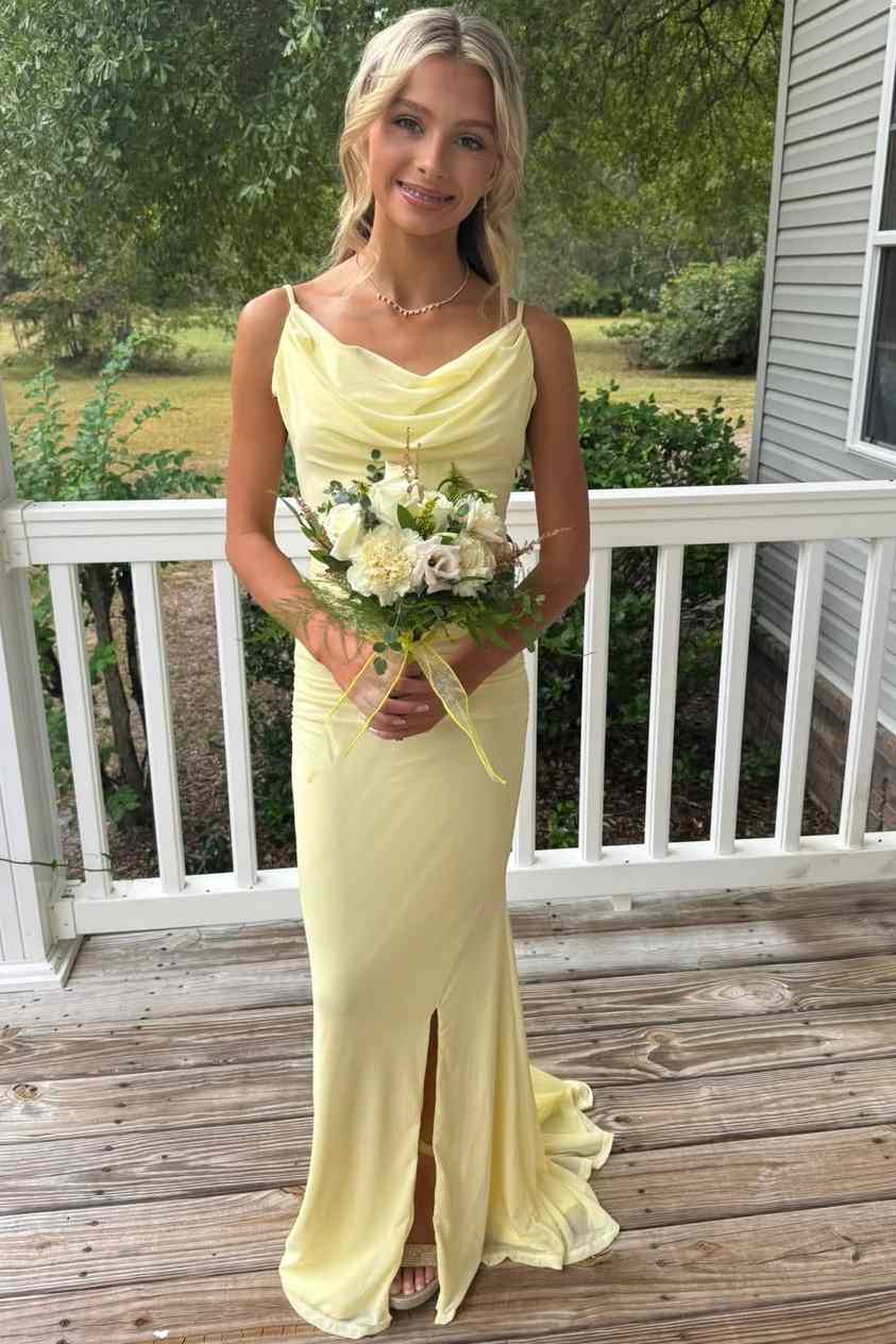 yellow mermaid wedding dress Yellow Spaghetti Straps Pleats Sleeveless Mermaid Long Prom Dress – Modsele
