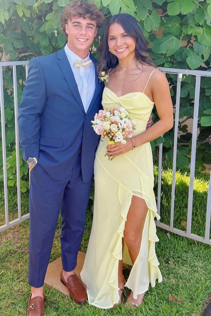 Yellow Spaghetti Straps Sleeveless Ruffles Prom Dress with Slit