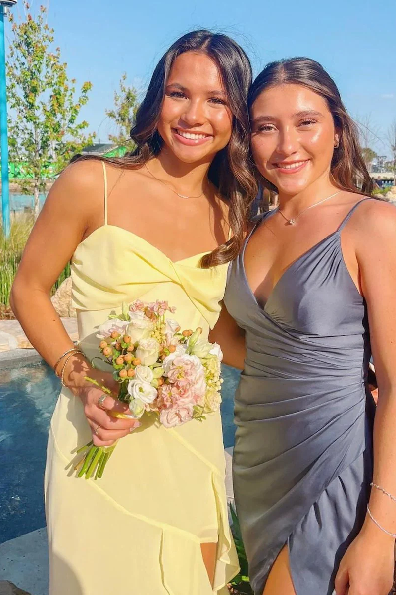 Yellow Spaghetti Straps Sleeveless Ruffles Prom Dress with Slit