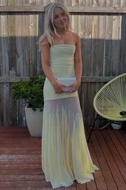 Yellow Strapless Pleats See-through Sleeveless Long Prom Dress
