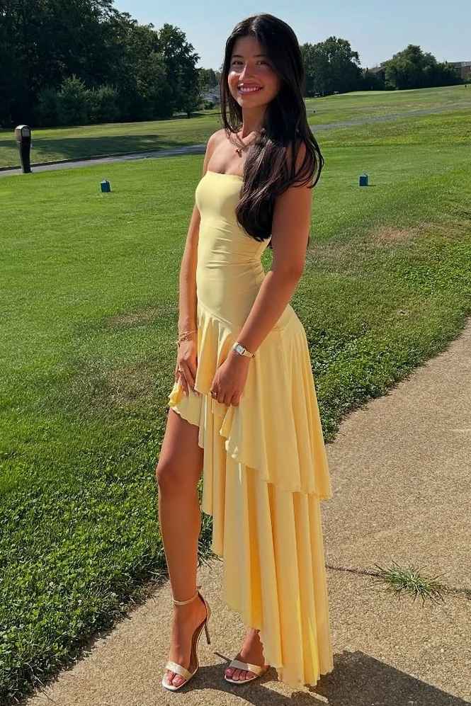 Strapless Yellow Scoop Neck Ruffles High Slit Prom Party Dress