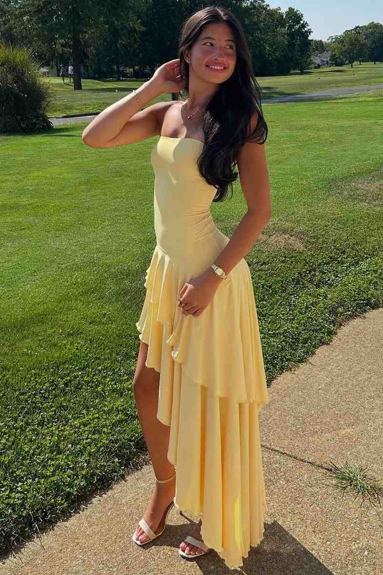 Strapless Yellow Scoop Neck Ruffles High Slit Prom Party Dress