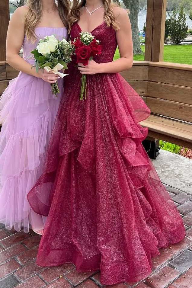 Burgundy A-Line Empire-Waist Ruffles Sleeveless Glitter Long Prom Dress