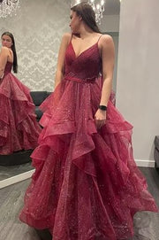 Burgundy A-Line Empire-Waist Ruffles Sleeveless Glitter Long Prom Dress