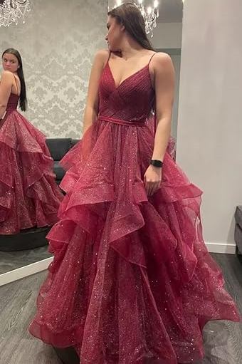 Burgundy A-Line Empire-Waist Ruffles Sleeveless Glitter Long Prom Dress