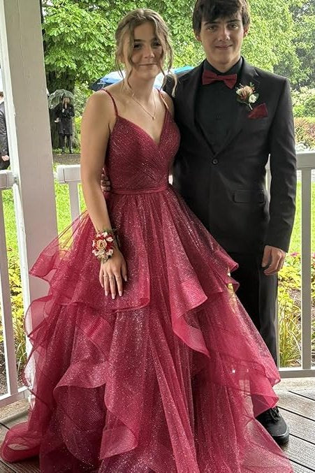 Burgundy A-Line Empire-Waist Ruffles Sleeveless Glitter Long Prom Dress
