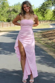 Simple Strapless Pleats Satin High Slit Sleeveless Long Prom Dress