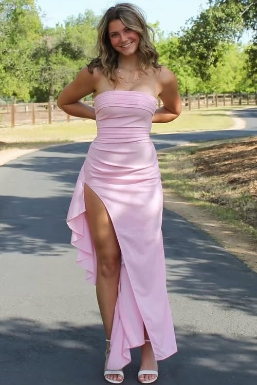 Simple Strapless Pleats Satin High Slit Sleeveless Long Prom Dress