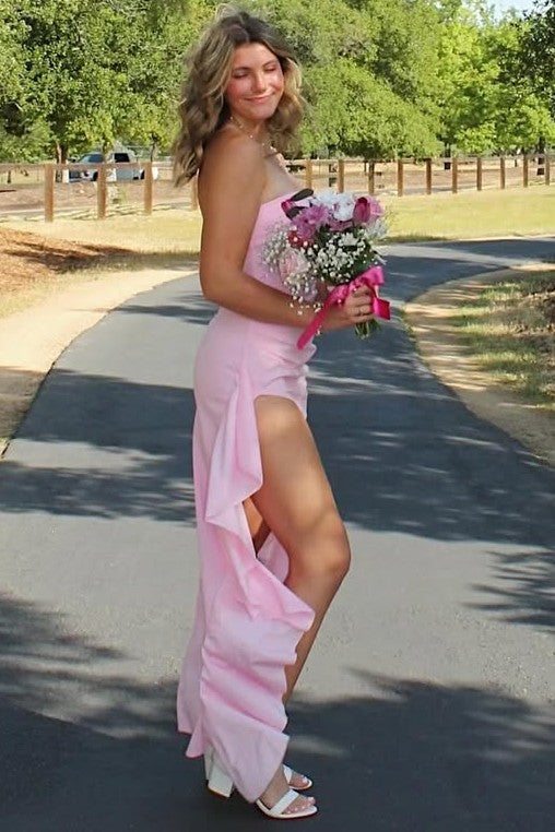 Simple Strapless Pleats Satin High Slit Sleeveless Long Prom Dress