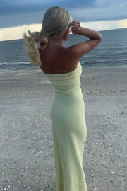 Simple Strapless Pleats Satin High Slit Sleeveless Long Prom Dress