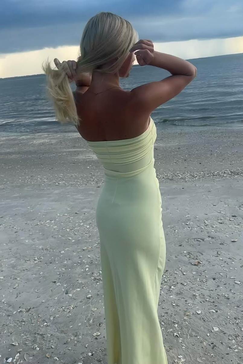 Simple Strapless Pleats Satin High Slit Sleeveless Long Prom Dress