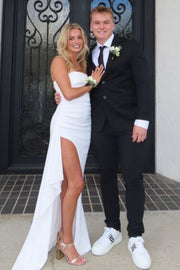 Simple Strapless Pleats Satin High Slit Sleeveless Long Prom Dress