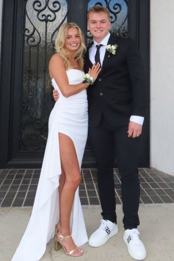 Simple Strapless Pleats Satin High Slit Sleeveless Long Prom Dress