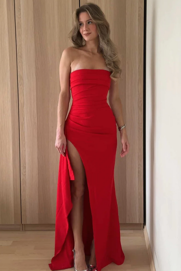 Simple Strapless Pleats Satin High Slit Sleeveless Long Prom Dress