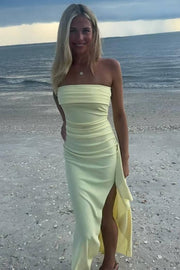 Simple Strapless Pleats Satin High Slit Sleeveless Long Prom Dress