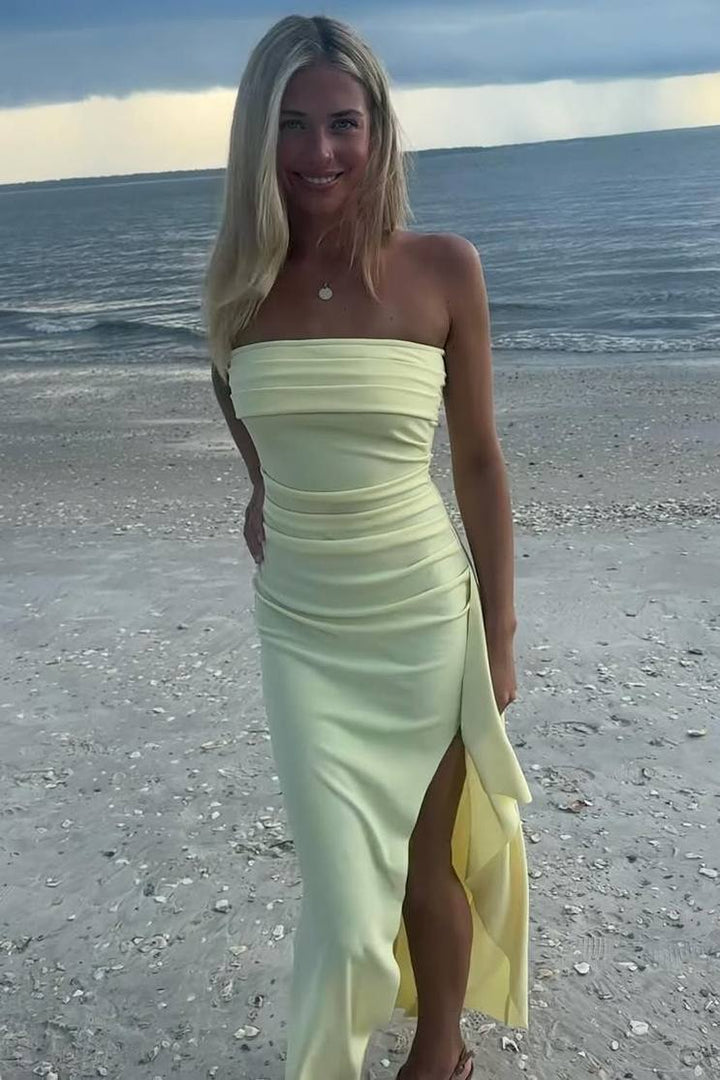 Simple Strapless Pleats Satin High Slit Sleeveless Long Prom Dress