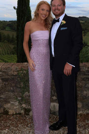 Classy Strapless Beaded Sleeveless Glitter Sheath Party Prom Dress