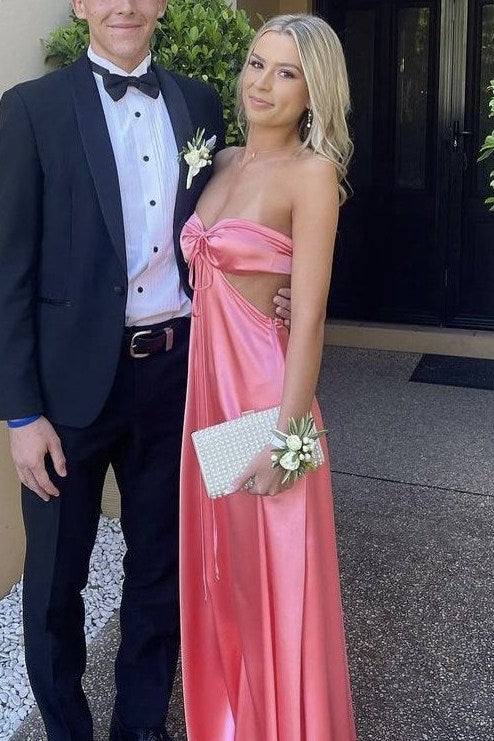 Simple Strapless A-Line Hollowing Satin Sleeveless Party Prom Dress