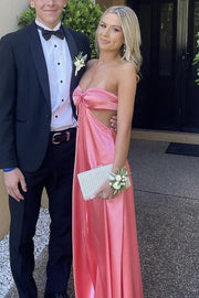 Simple Strapless A-Line Hollowing Satin Sleeveless Party Prom Dress