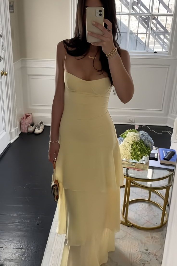 Yellow Spaghetti Straps Scoop Layered Sleeveless Long Prom Dress