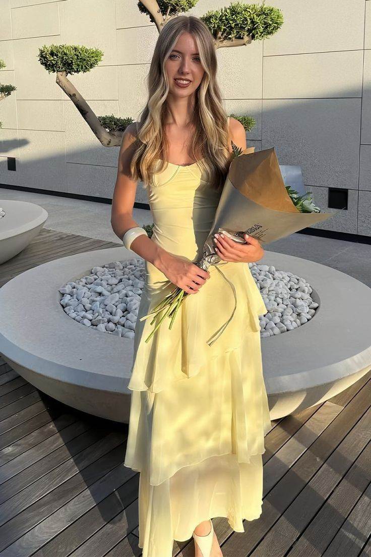 Yellow Spaghetti Straps Scoop Layered Sleeveless Long Prom Dress