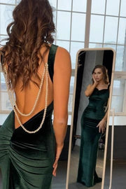 Mermaid Velvet Straps Backless with Pearls Pleats Prom Evening Dress