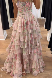 Stunning A-Line Strapless Print Ruffles Sleeveless Long Prom Dress