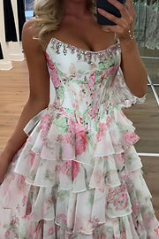 Stunning A-Line Strapless Print Ruffles Sleeveless Long Prom Dress