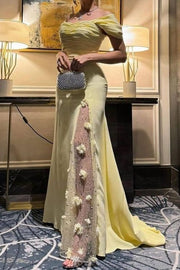 Off-Shoulder Yellow A-Line Pleats Appliques Long Prom Dress