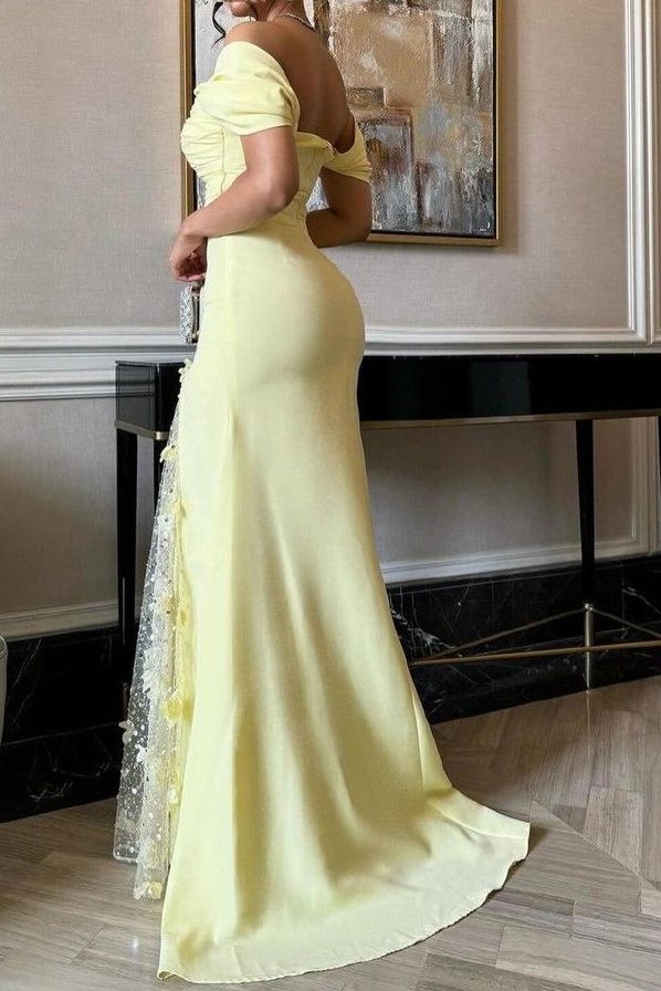 Off-Shoulder Yellow A-Line Pleats Appliques Long Prom Dress