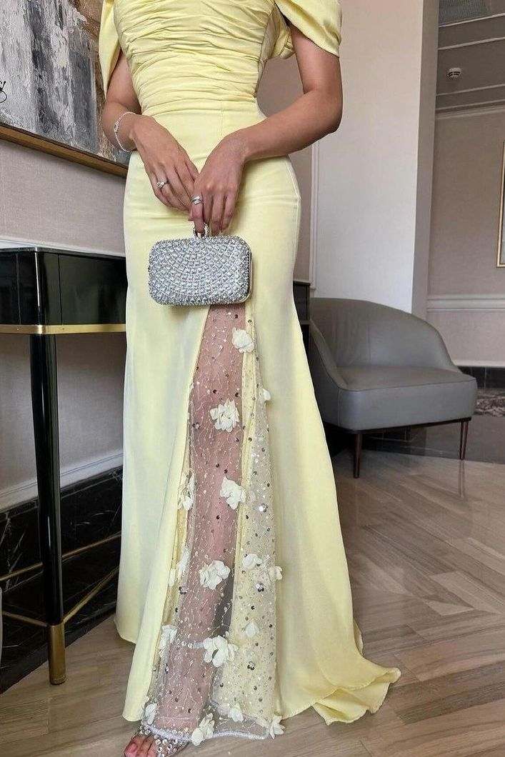 Off-Shoulder Yellow A-Line Pleats Appliques Long Prom Dress