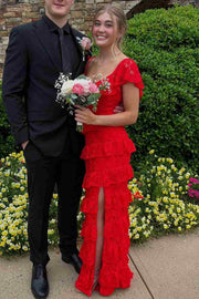 Elegant V-Neck Straps Ruffles Lace Sleeveless Long Prom Dress