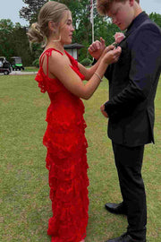 Elegant V-Neck Straps Ruffles Lace Sleeveless Long Prom Dress