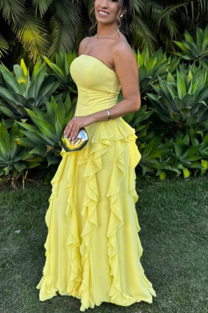 Yellow Strapless A-Line Empire-Waist Ruffles Long Prom Dress